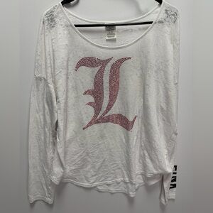 Victorias Secret Pink White Heather Long Sleeve Rhinestone Cardinals Shirt Large
